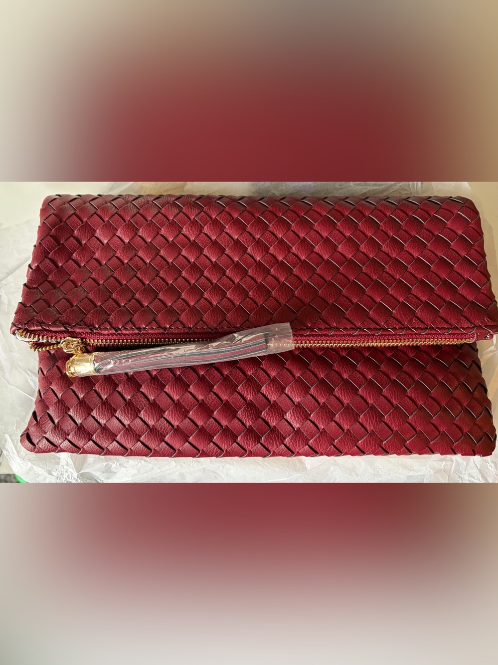 Woven Fold-Over Clutch Bag in Burgundy